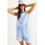 Shade Kadın Kalın Askılı Bluz Beli Lastikli Cep Dataylı Şort Müslin Takım 3310 60283414, Bebe Mavisi, L