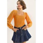 Shade Kadın Kare Yaka Uzun Kollu Gofre Bluz 0442 60283694, Turuncu, S