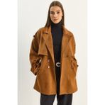 Shade Kadın Kruaze Yaka Aller Detaylı Apoletli Kuşaklı Cepli Süet Trençkot - Camel - XL