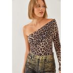 Shade Kadın Madonna Yaka Tek Kollu Leopar Desenli Bluz 60351140, Kahverengi, S