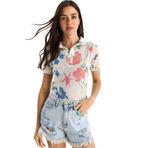 Shade Kadın Polo Yaka Desenli Dijital Baskılı Regular Yazlık Örme Bluz 60282016, Beyaz-Pembe, M