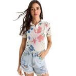 Shade Kadın Polo Yaka Desenli Dijital Baskılı Regular Yazlık Örme Bluz 60282016, Beyaz-Pembe, S