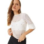 Shade Kadın Taş Baskılı Kısa Kollu Bisiklet Yaka Transparan Bluz 60284020, Beyaz, L