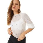 Shade Kadın Taş Baskılı Kısa Kollu Bisiklet Yaka Transparan Bluz 60284020, Beyaz, S