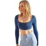 Shade Kadın Uzun Kol Kare Yaka Crop Bluz 60251250, Indigo, XL