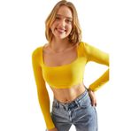 Shade Kadın Uzun Kol Kare Yaka Crop Bluz 60251250, Sarı, XL