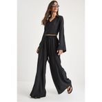 Shade Kadın V Yaka Bağlama Detaylı Bluz Cep Detaylı Beli Lastikli Salaş Pantolonlu Takım 60283324, Siyah, M