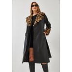 Shade Kadın Yaka ve Kolları Leopar Kürklü Deri Trençkot - Siyah - 38