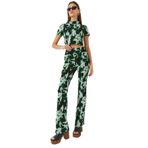 Shade Kadın Yarım Balıkçı Yaka Kısa Kollu Crop Beli Lastikli Pantolonlu Alt-Üst Takım 60261374, Yeşil-Siyah, S
