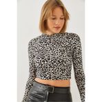 Shade Kadın Yarım Balıkçı Yaka Leopar Desenli Bluz 10018 60251942, Beyaz-Siyah, L