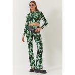 Shade Kadın Yarım Balıkçı Yaka Uzun Kollu Crop Beli Lastikli Pantolonlu Alt-Üst Takım 60261375, Yeşil-Siyah, S