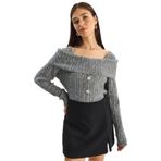 Shade Kayık Yaka Düğme Detaylı Triko Kazak, Standart, 60283778, Füme, Kadın