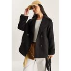 Shade Kruvaze Yaka Astarlı Kısa Oversize Kaşe Kaban, S, Kruvaze Yaka Astarlı Kısa Oversize Kaşe Kaban, Siyah, Kadın