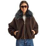 Shade Kürk Yakalı Kaşe Bomber Ceket, L, 60283786, Acı Kahve, Kadın