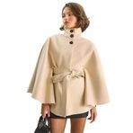 Shade Kuşaklı Dik Yaka Kaşe Panço, XL, 60283652, Krem, Kadın
