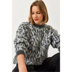 Shade Leopar Desenli Şardonlu Triko Kazak, Standart, 60351279, Gri-Antrasit, Kadın
