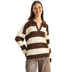 Shade Polo Yaka Çizgili Triko Kazak, Standart, 60283810, Kahverengi-Krem, Kadın