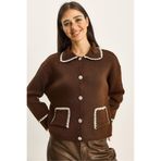 Shade Polo Yaka Triko Hırka, Standart, 60285001, Acı Kahve, Kadın
