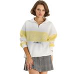 Shade Yarım Fermuarlı Nakış Detaylı Renk Bloklu Oversize Sweatshirt, L, 60283561, Beyaz-Sarı, kadın