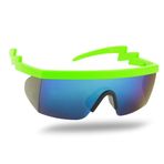 ShadyVEU Yarı Kenarsız Neon Gökkuşağı Güneş Gözlüğü Aynalı Lens UV Koruması 80'ler Retro Rave Shades Eğri Zikzak Cıvata Kolu, Neon Yeşil Çerçeve / Siyah Burun Pedi / Mavi Ayna Lens, Large