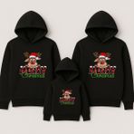 Shain Yeni Yıl Noel Yılbaşı Christmas Baskılı Anne Baba Çocuk Kombin Kapşonlu Sweatshirt - Siyah - 3XL