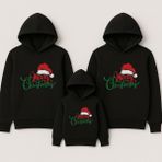 Shain Yeni Yıl Noel Yılbaşı Christmas Baskılı Anne Baba Çocuk Kombin Kapşonlu Sweatshirt - Siyah - XL