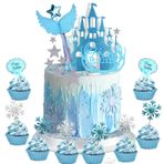 Shamoparty 56 adet peri çubuğu pasta süsü seti, dondurulmuş pasta süsleri, kız çocuk doğum günü dekorasyonu, simli kar tanesi, yemek masası dekorasyonu, Dreamy Ice World sahne dekorasyonu