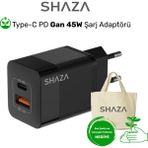 Shaza 45W Çift Port Ultra Hızlı Şarj Aleti - GAN Destekli Android & iPhone & MacBook & iPad Qc3.0 & Pd Type-C Sarj Adaptörü - Siyah - Mat Siyah
