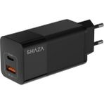 Shaza 65W Çift Port Ultra Hızlı Şarj Aleti - Gan Destekli Android & iPhone & MacBook & iPad USB Qc3.0& Type-C Pd Şarj Adaptörü - Siyah - Black