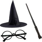SHC4200 Mey Ithalat® Harry Potter Siyah Şapkası Harry Potter Gözlüğü Harry Potter Asası 3 Lü Set