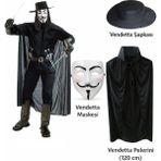 SHC4200 Vendetta Kostüm Seti – Şapka Maske Pelerin (120 Cm)