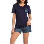 SHCNSJC Kadın pijama, yazlık pijama, kısa set, uyku tişörtü, kadın, kısa kollu, pamuk, kısa kollu, gecelik, iki parçalı, kareli pantolon, Mavi, XL