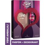 She Kadın Parfüm ve Deodorant Seti – Vanilya ve Misk Kokulu, 50 ml EDT + 150 ml Sprey, Kalıcı, Hediyelik, Günlük Kullanıma Uygun