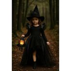 Shecco Babba Kız Çocuk Tüllü Siyah Cadı Kostümü–deri Detaylı Cadı Elbisesi&şapkalı Halloween Partisi Kıyafeti - 3 Yaş