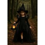 Shecco Babba Kız Çocuk Tüllü Siyah Cadı Kostümü–Deri Detaylı Cadı Elbisesi&Şapkalı Halloween Partisi Kıyafeti