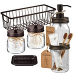 SheeChung Premium Mason Kavanoz Banyo Aksesuar Seti (6 Adet) - Losyon Sabunluk, Diş Fırçası Tutacağı, 2 Eczacı Kavanozu (Qtip Tutucu), Sabunluk, Metal Tel Saklama Düzenleyici Sepeti-Rustik Çiftlik Evi Dekoru
