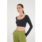 SHEISMONO Cotton Oval Yaka Kısa Bluz Füme