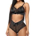 SHEKINI İç Çamaşırı Kadın Seksi İç Çamaşırı Dantel Saten Ekleme Sütyen ve Slip İki Parçalı İç Çamaşırı Sırtı Açık Derin Kesim İç Çamaşırı Setleri, Siyah, XL