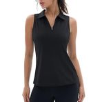 SHEKINI Kadın kolsuz polo tişört, golf, tenis, yaz tişörtü, nefes alır, spor tişörtü, atlet, Racerback, yoga, jimnastik, fitness, aktif giyim, üst giyim, fermuarlı koşu üst giysisi, Siyah, S