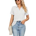 SHEKINI Kadın polo tişört, kısa kollu, V yaka, devrik yaka, bluz, üst, tunik, golf polo gömlek, şık bluz, yazlık, bol bluz, cepli, rahat bluzlar, Beyaz, M