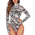 SHEKINI Kadın seksi uzun kollu tulum şık Body Mesh Top transparan üst giyim tanga tulum balıkçı yaka uzun kollu body, Beyaz, XXL
