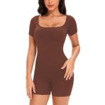 SHEKINI Kadınlar için uzun kollu fitilli karın yolu şekillendirici kıyafet, kare boyunlu vücut kıyafeti, Tummy Control Bodysuit Shapewear Body Shapewear Body Shaper, Kahverengi, L