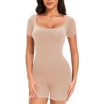 SHEKINI Kadınlar için uzun kollu fitilli karın yolu şekillendirici kıyafet, kare boyunlu vücut kıyafeti, Tummy Control Bodysuit Shapewear Body Shapewear Body Shaper, Ten tonu., L