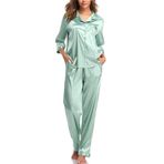 SHEKINI Pijama Kadın Uzun İki Parçalı Pijama Saten Gecelik Pijama Şort Kimono Sabahlık V Yaka Bornoz Dantelli Elbise, Yeşil, 1713, L