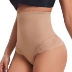 SHEKINI Shapewear Kadın Karın Önleyici Korse Slip Dantelli Yüksek Bel Şekillendirici Külot İç Çamaşırı String Tanga Body Shaper, Bej, L