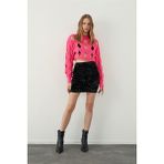 Sherin Fuşya Oversize Delikli Triko Crop Kazak - S - M