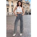 SHEVEGA Füme Yüksek Bel Bol Paça Kargo Cepli Boyfriend Jean Kot Pantolon