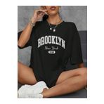 ship master Brooklyn Harf Baskılı Düşük Omuzlu T-shirt, Rahat Kısa Kollu Bol T-shirt, Kadın Giyim