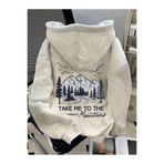 ship master Slogan ve Dağ Baskılı Uzun Kollu Termal İç Astarlı Kapüşonlu Sweatshirt