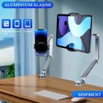 Shipment Alüminyum Telefon Tablet Tutucu Stand 4-15,6 Inç 360 Derece Dönebilen Katlanabilen Uzun Kollu Stand - Gri